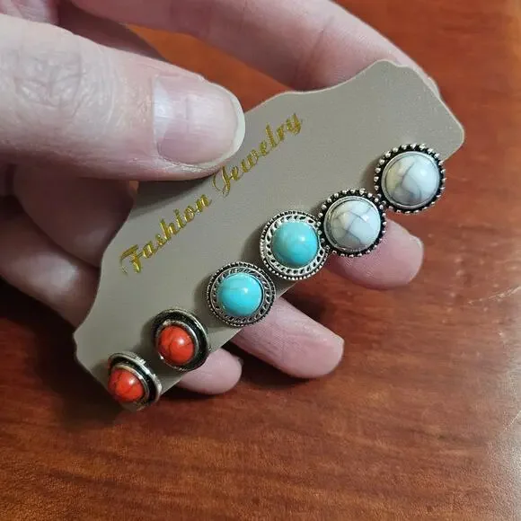 Western-Style Faux Turquoise Red Coral & White Magnesite Stud Earrings - Picture 2 of 10